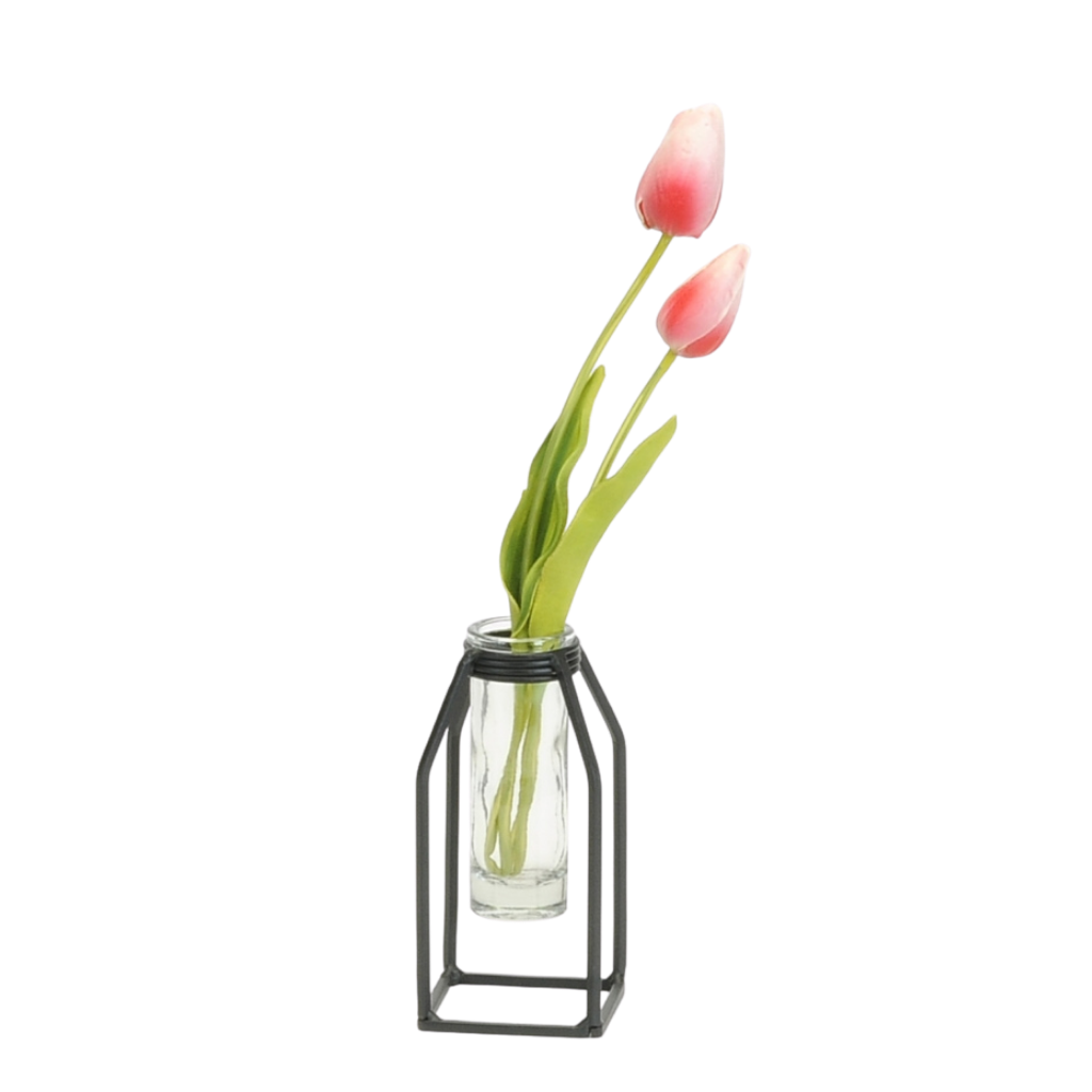 Ada Glass Tube Vase with Iron Stand | Small