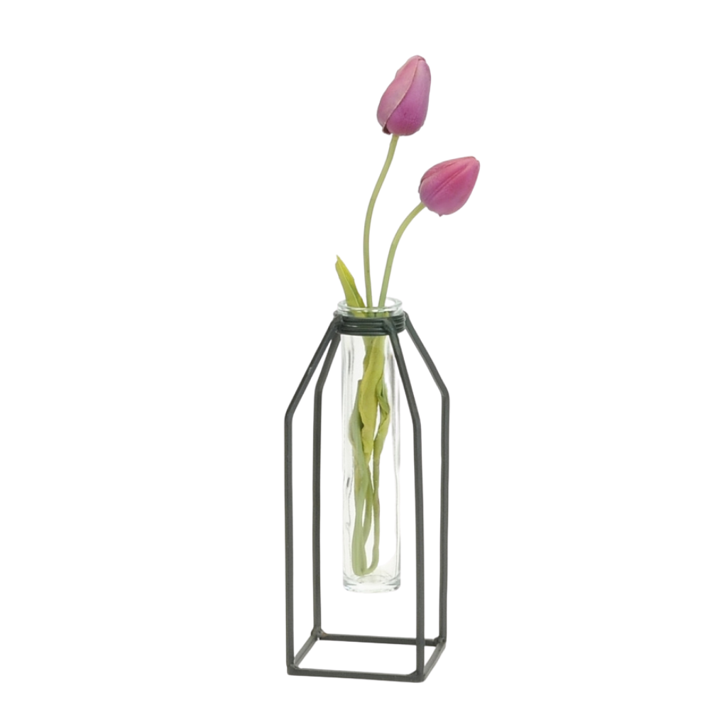 Ada Glass Tube Vase with Iron Stand | Large